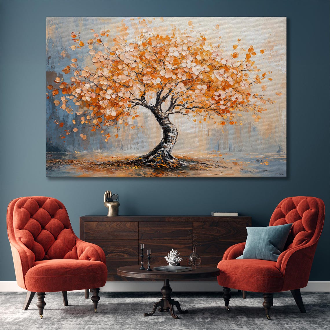 Orange Autumn Tree with Twisted Trunk Blue Nature Elegant Art Poster - Image 4