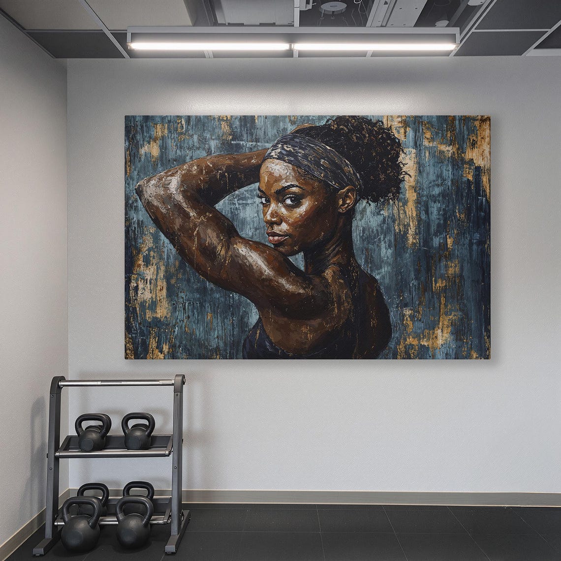 Black Athletic Woman Posing With Arm Raised On Deep Blue Poster - Image 6