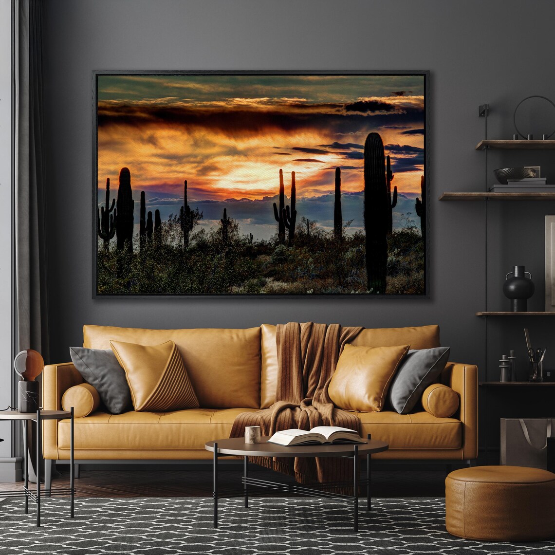 Sonoran Desert Saguaro Cactus Fiery Sunset Silhouette Large Wall Art - Image 4
