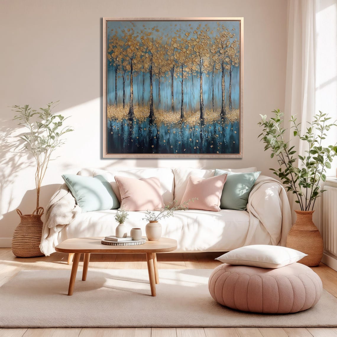 Teal And Gold Abstract Forest With Water Reflection Art Print - Image 2