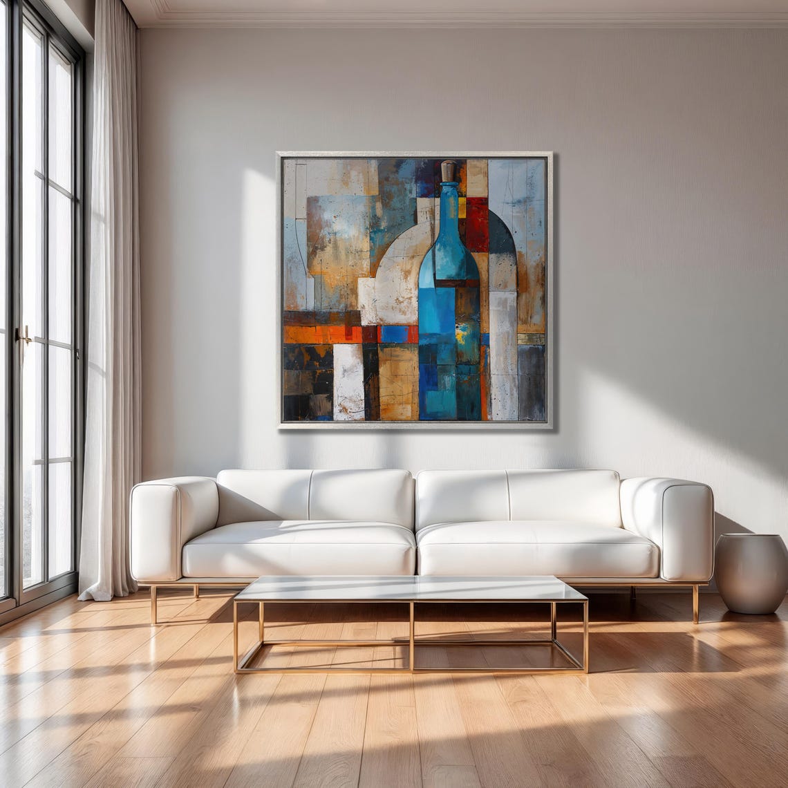 Abstract Blue Bottle Cubist Geometric Wine Painting Art Poster - Image 2