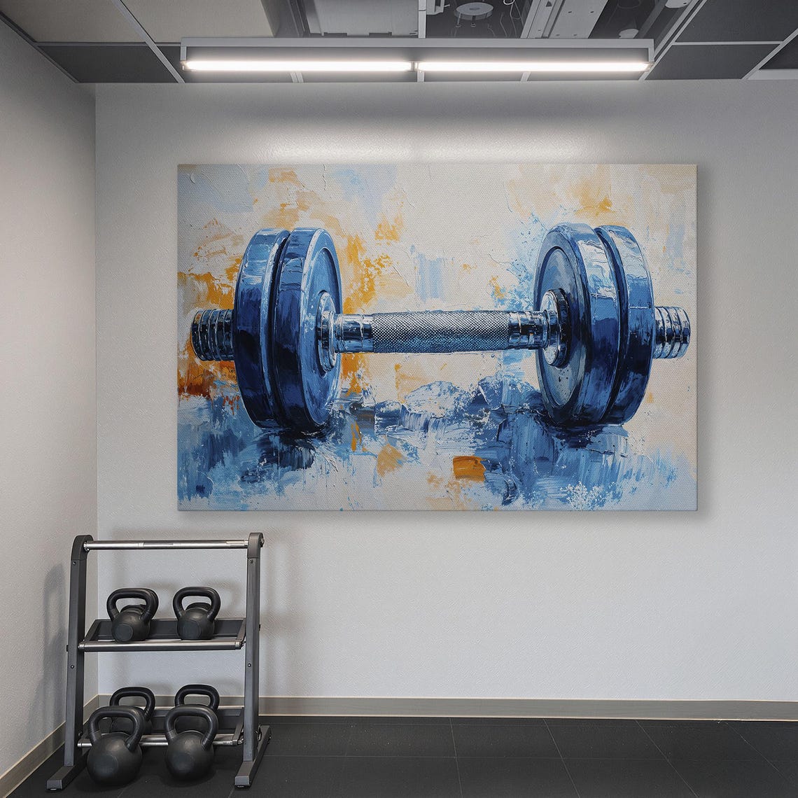 Blue Painted Dumbbell on Abstract Orange Splash Background Poster - Image 6
