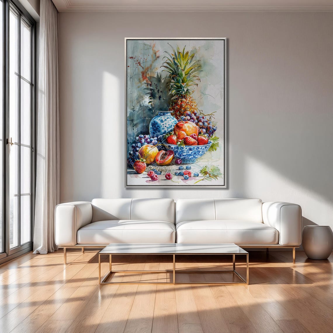 Watercolor Fruit Still Life With Pineapple And Blue Porcelain Poster - Image 2