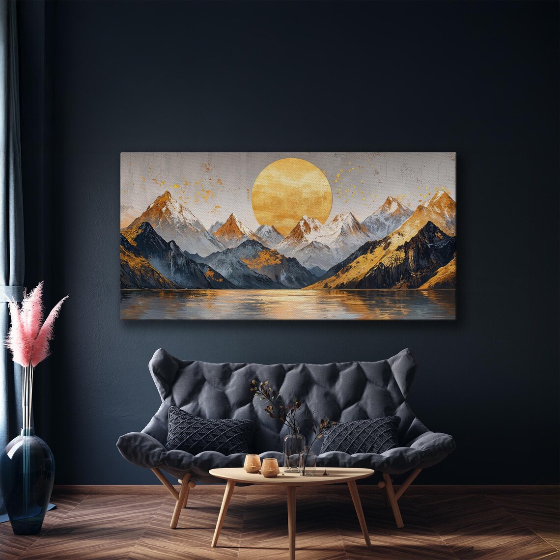 Golden Moon Hanging Over Mountain Peaks With Warm Glow Lake Poster - Image 5