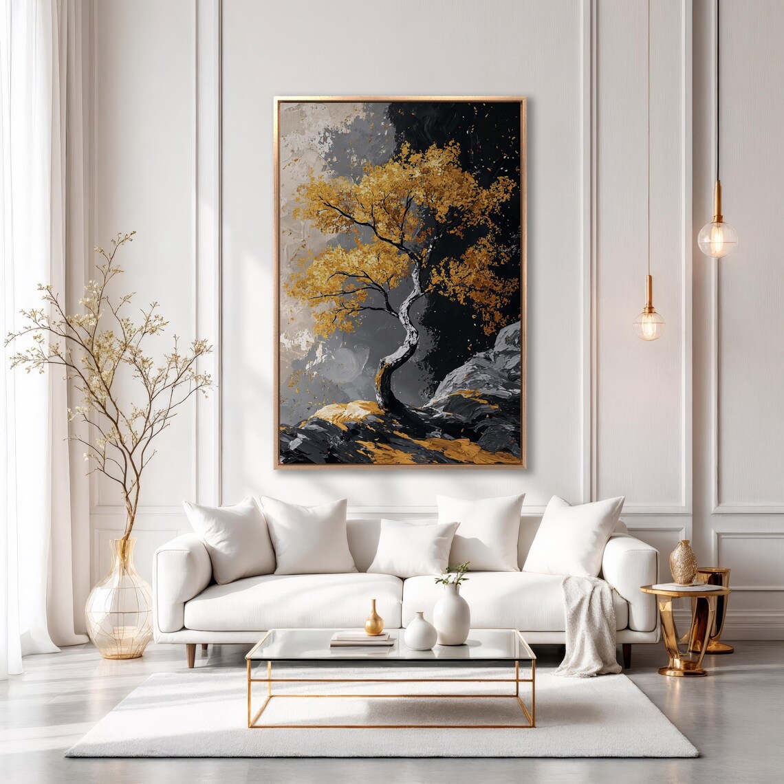 Windswept Golden Tree On Dark Rocks Black Gold Impasto Poster - Image 3