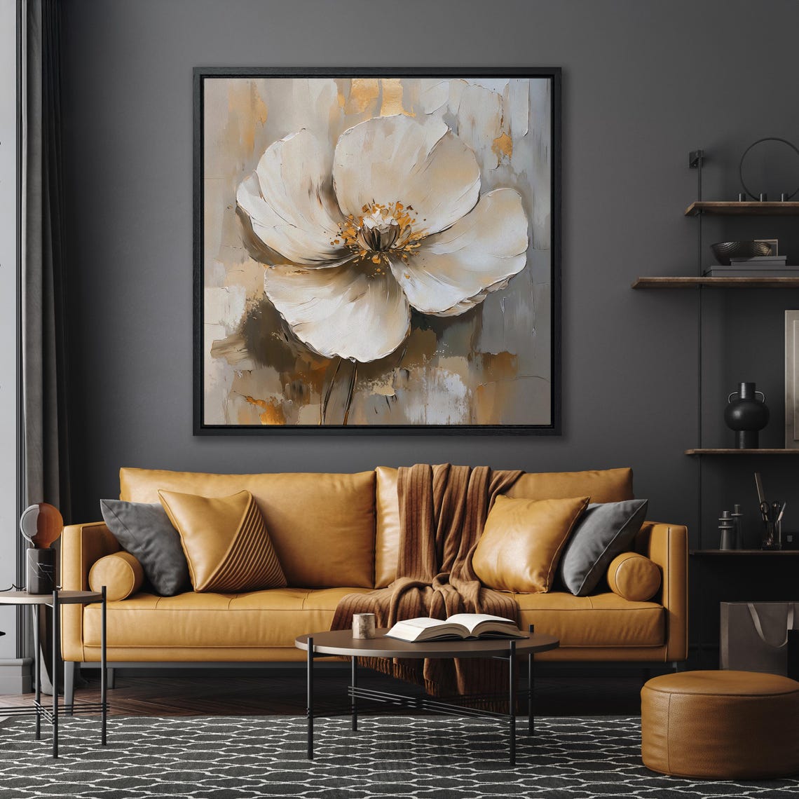 White Magnolia Flower With Gold Accents On Gray Impasto Art Poster - Image 2