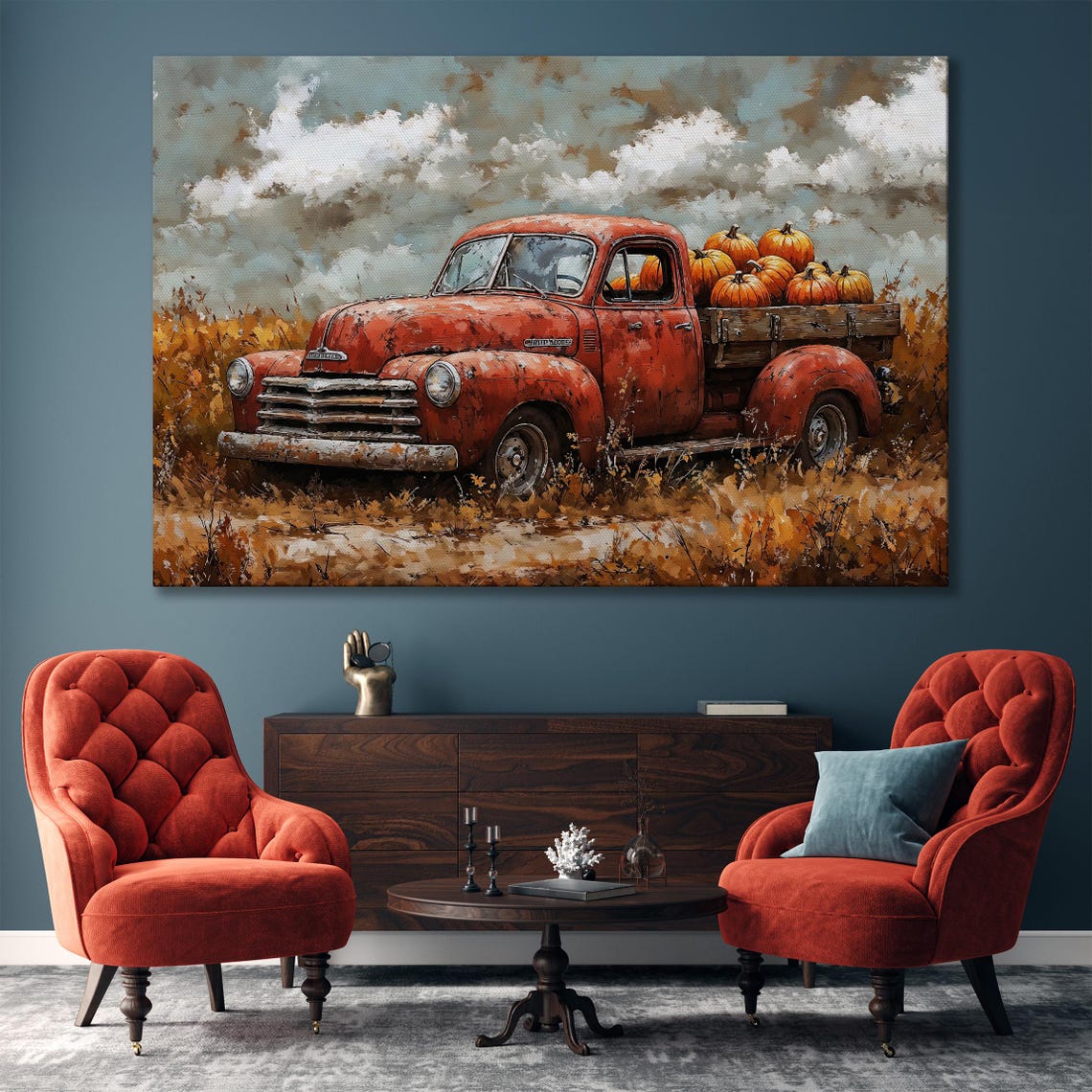 Vintage Red Chevrolet Pickup Truck Loaded With Pumpkins Poster - Image 5