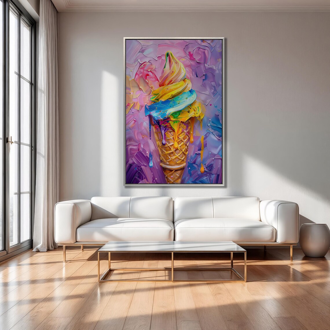 Rainbow Ice Cream Cone Impasto Oil Painting Dessert Art Poster - Image 3