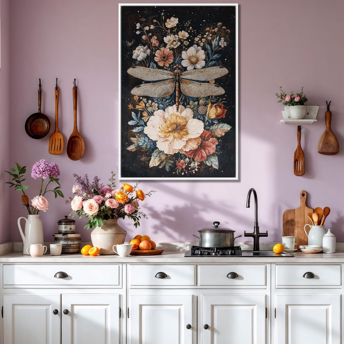 Dragonfly Above Giant Cream Peony On Starry Night Floral Poster - Image 3