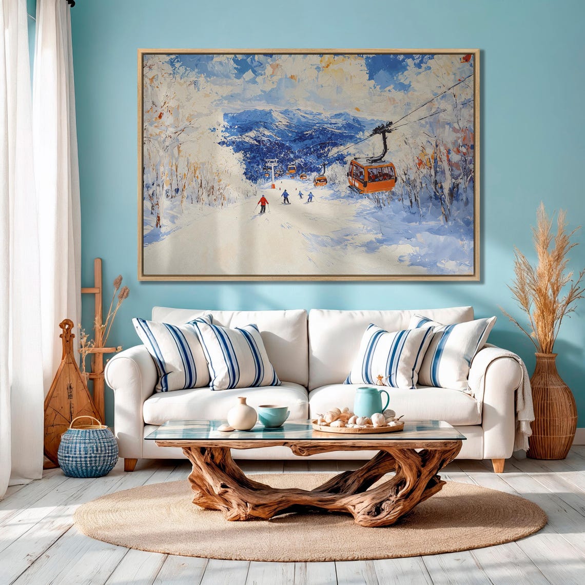 Orange Gondolas Over Ski Slope with Blue Mountains Impasto Poster - Image 4