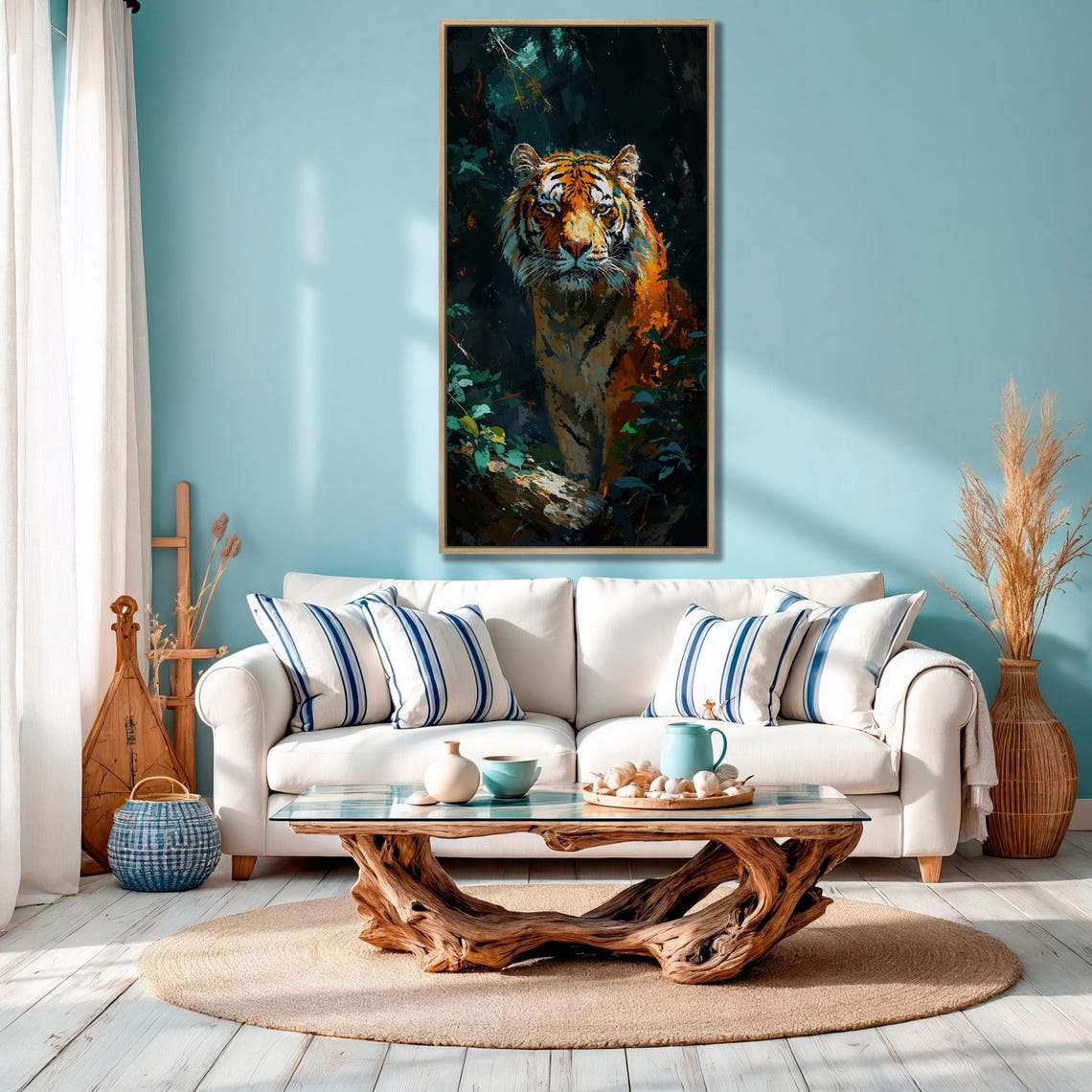Tiger Emerging From Dark Jungle Orange Foliage Wildlife Wall Art - Image 4