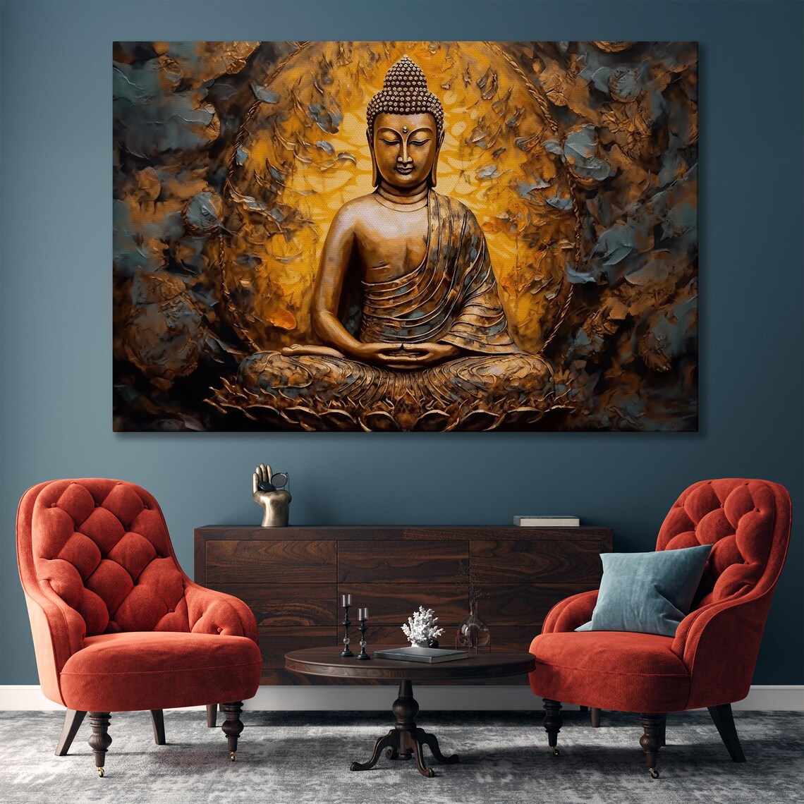 Golden Buddha with Radiant Halo Dark Spiritual Meditation Poster - Image 4