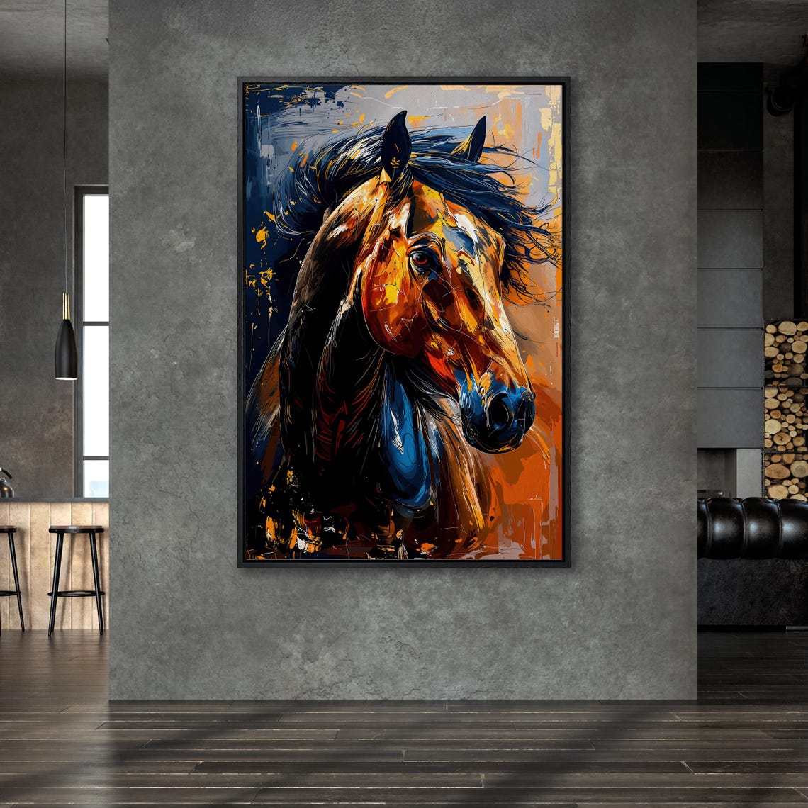 Wild Horse Head Abstract Bold Blue Orange Equine Painting Poster - Image 6