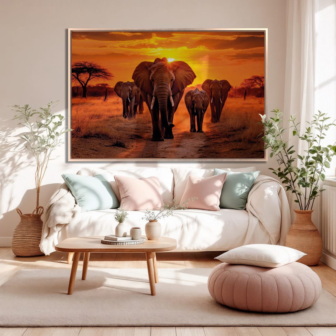 African Elephants Herd Walking Sunset Savanna Wildlife Large Wall Art - Image 2