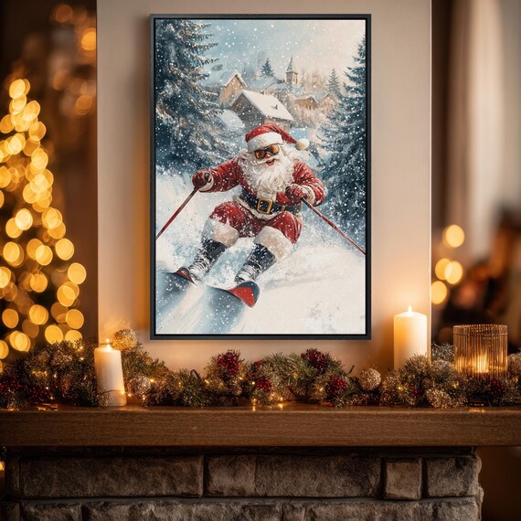 Santa Claus Skiing Downhill Cool Fun Christmas Holiday Poster
