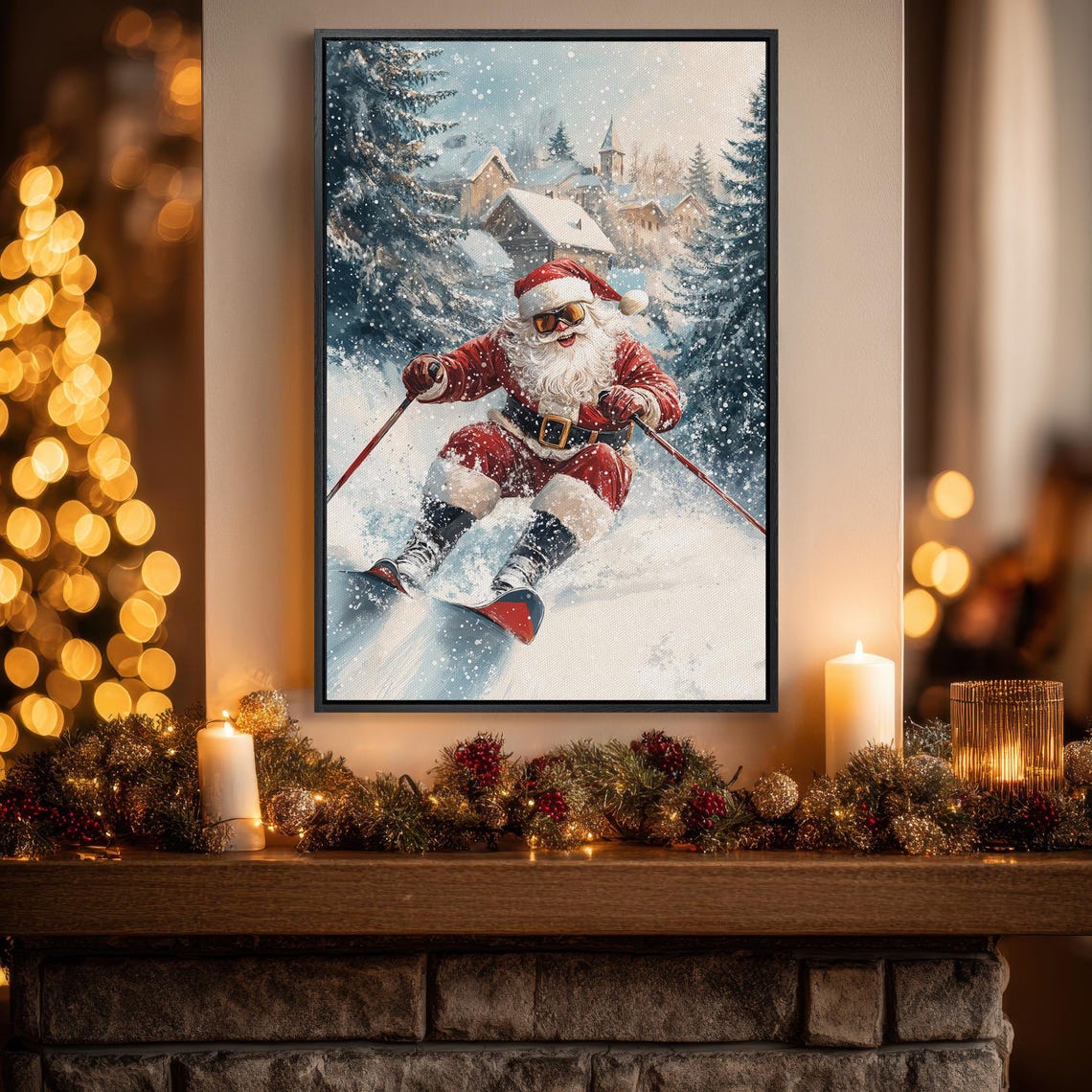 Santa Claus Skiing Downhill Cool Fun Christmas Holiday Poster