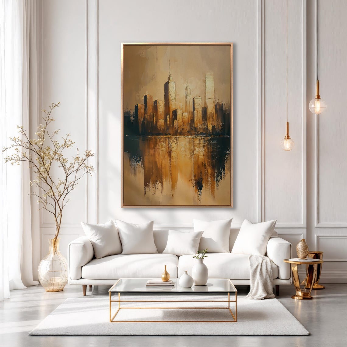 Golden City Skyline Reflection in Water Abstract Urban Art Poster - Image 5