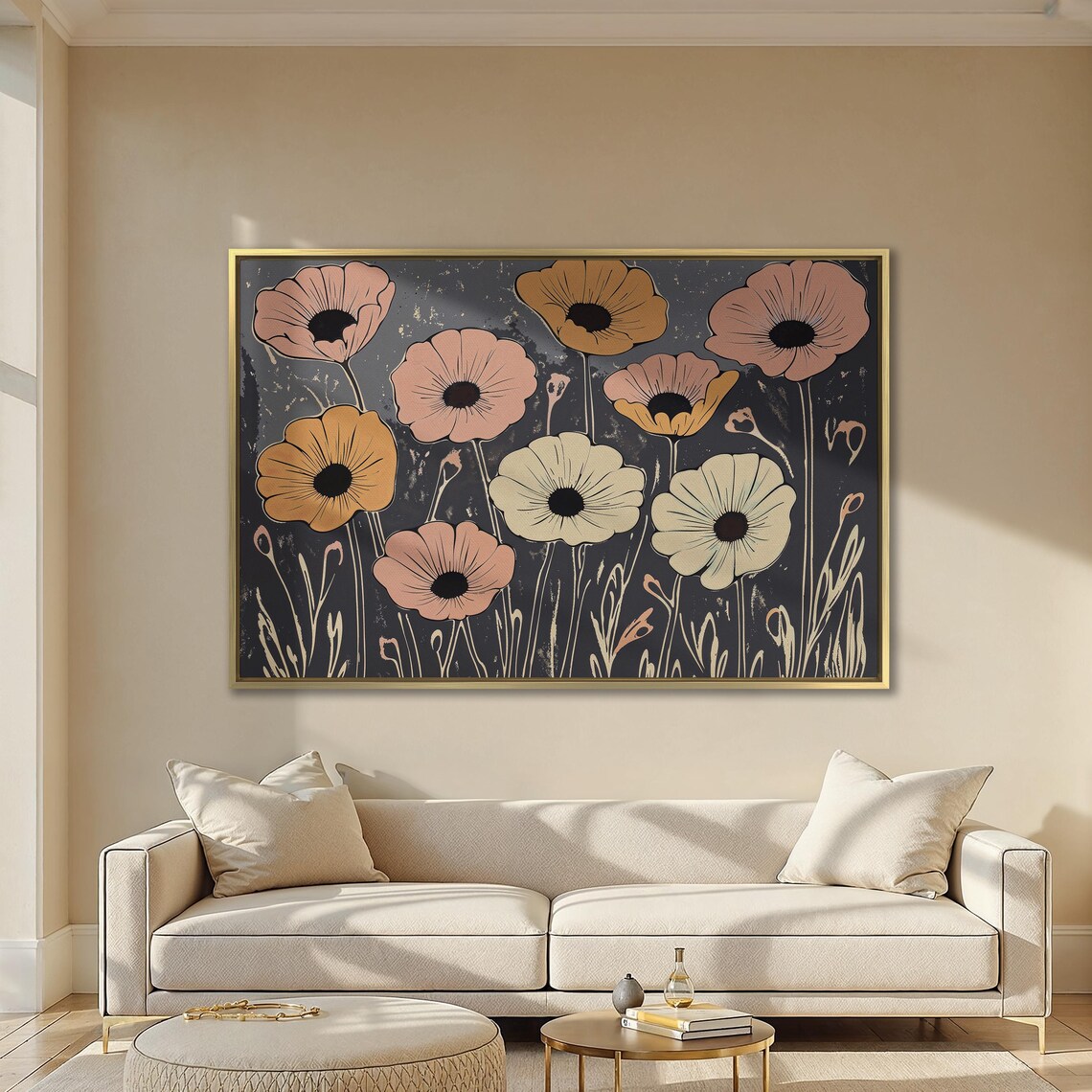 Modern Retro Poppy Blooms In Coral Gold On Black Floral Poster - Image 2