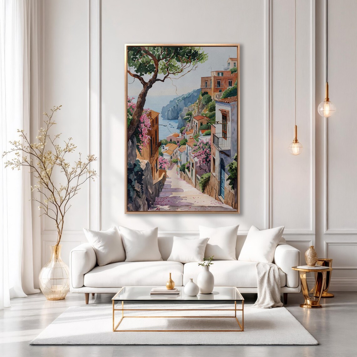 Amalfi Coast Village Street Pink Bougainvillea Watercolor Poster - Image 3