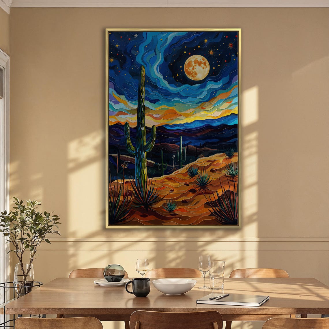 Starry Desert Night Swirling Sky Cactus Full Moon Painting Poster - Image 6