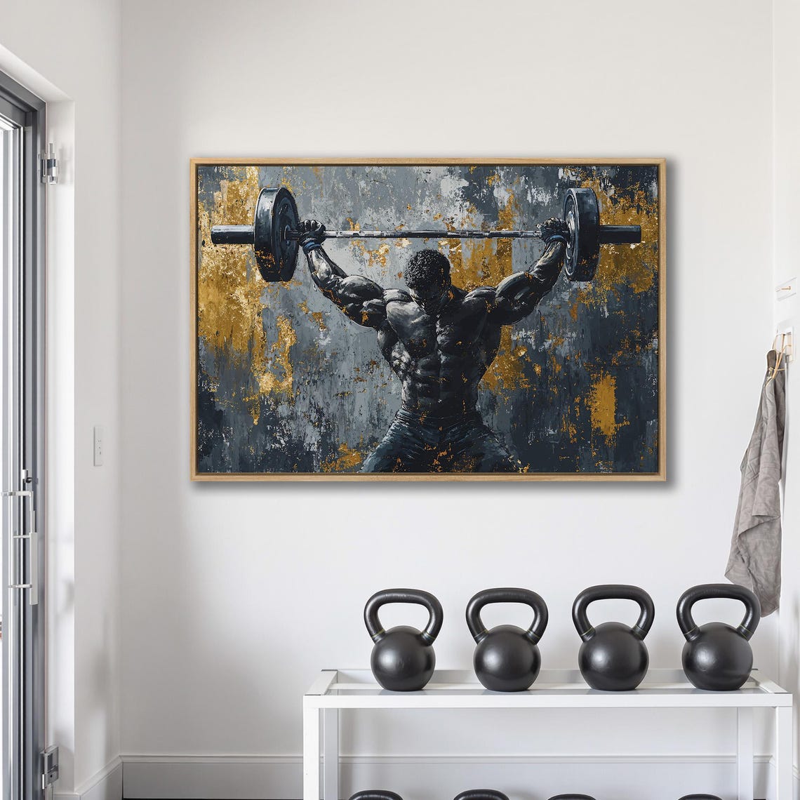 Powerlifter Overhead Press Strength Painting on Dark Gold Poster - Image 2