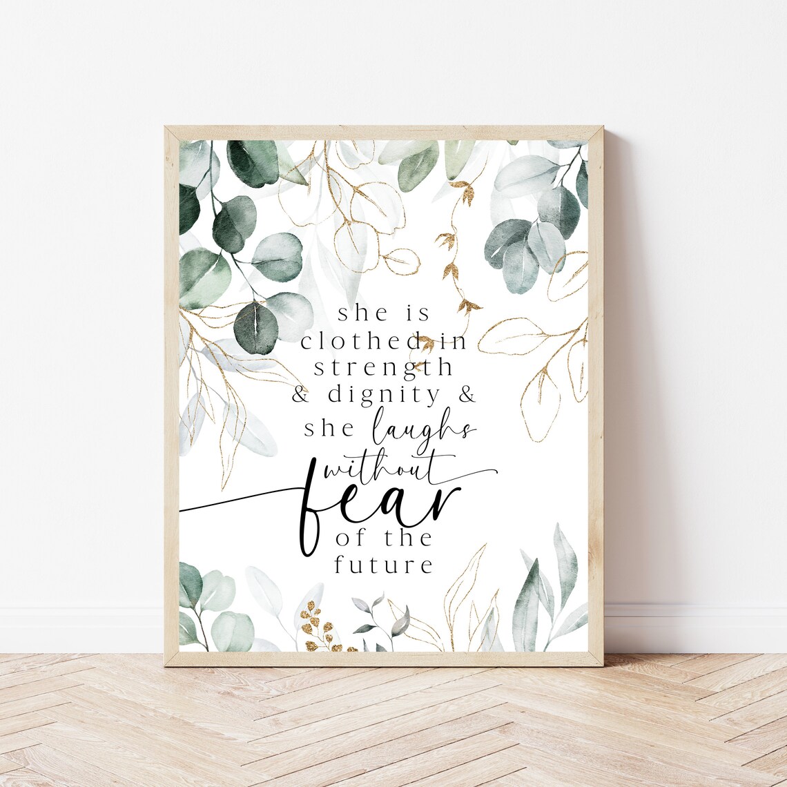 Proverbs 31 25 Clothed In Strength Watercolor Botanical Quote Poster
