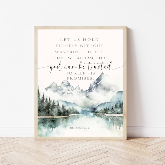Hebrews 1023 Watercolor Bible Verse Nursery Wall Art Print Christian Encouragement Gift Mountain Scripture Decor Forest Baby Room Sign