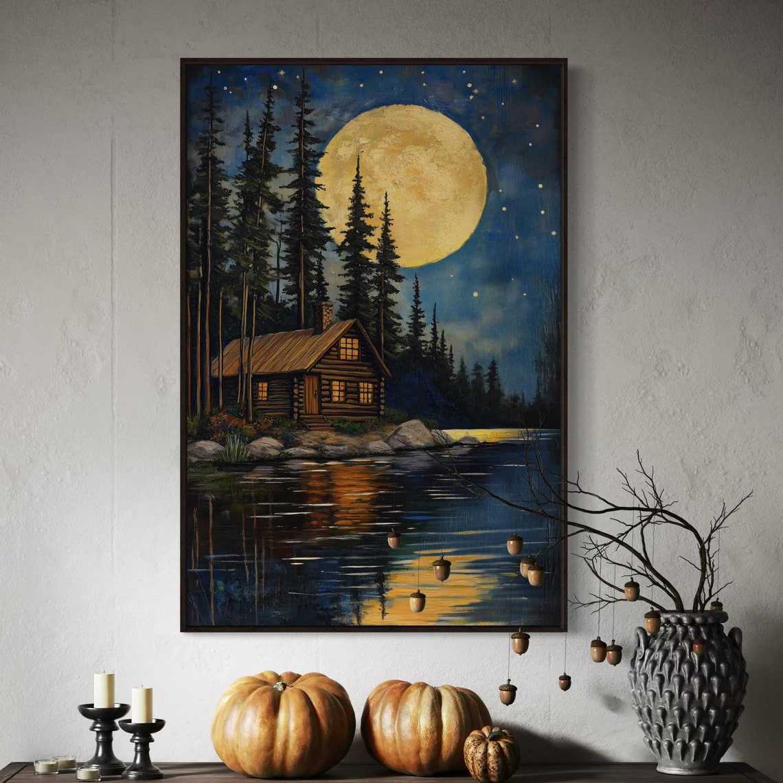Log Cabin Moonlit Lake Full Moon Starry Night Rustic Cottage Poster