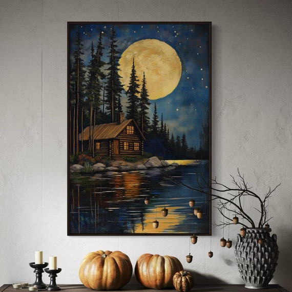 Cozy Log Cabin Wall Art Starry Night Moonlight Print Peaceful Lakeside Cottage Art For Above Bed Or Couch Decor Rustic Night Landscape