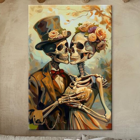 Skeleton Wedding Couple Top Hat Flower Crown Romantic Gothic Art Print