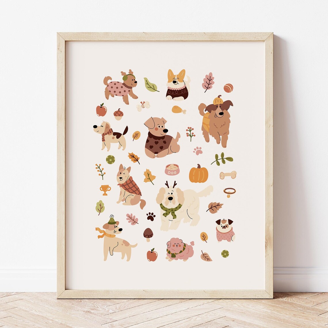 Autumn Dogs in Sweaters Fall Cute Puppy Watercolor Art Poster - Image 2