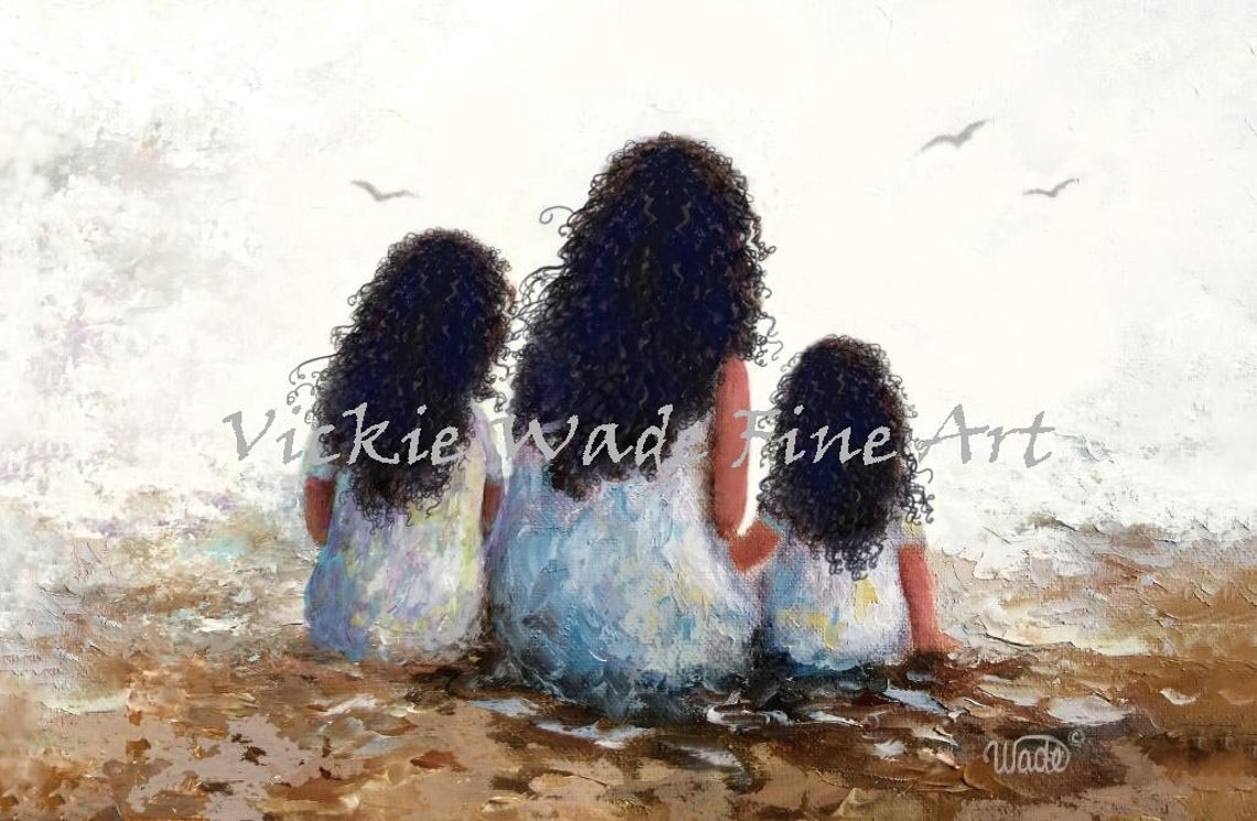 Mother Two Daughters Beach Art Print Two Sisters Two Girls Mom Mum Black Curly Hair Indian Mother By The Sea Sepia Vickie Wade Art