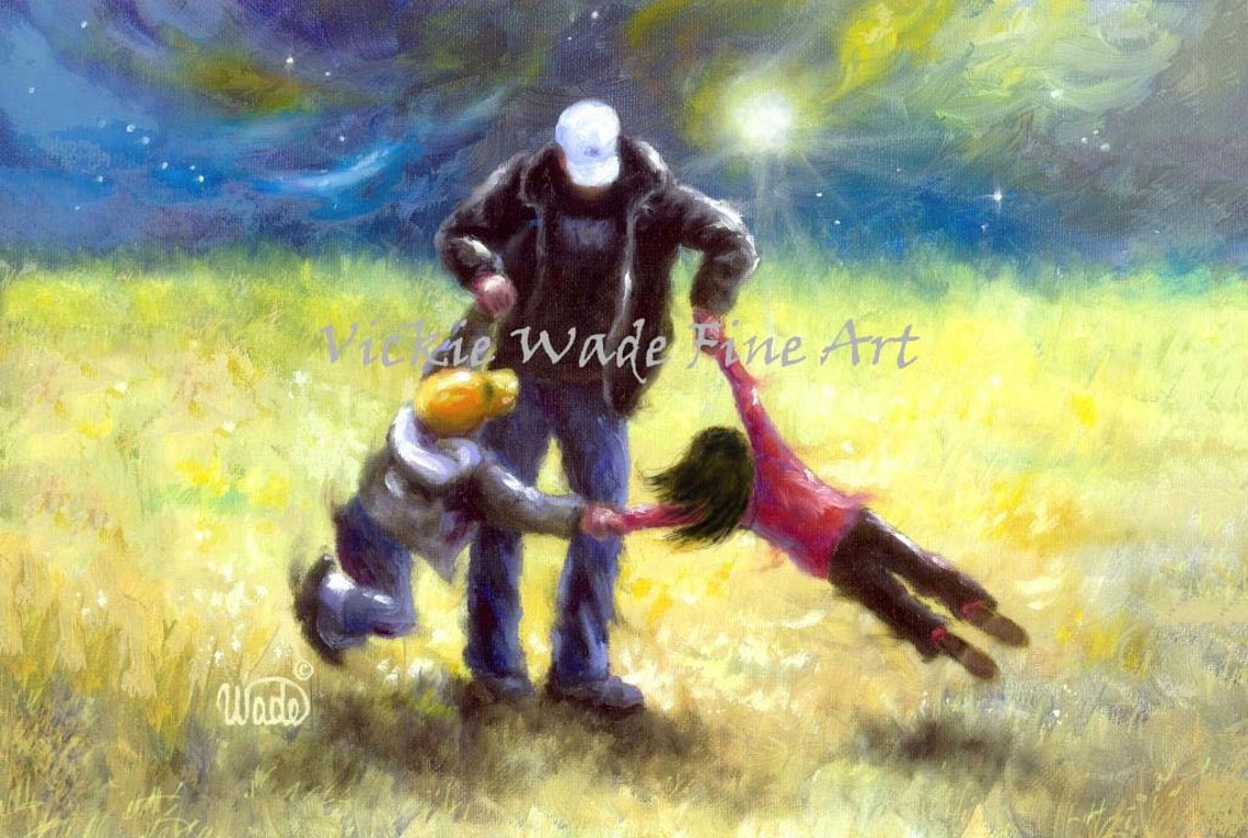 Father In White Cap Spinning His Two Daughters At Dusk Poster