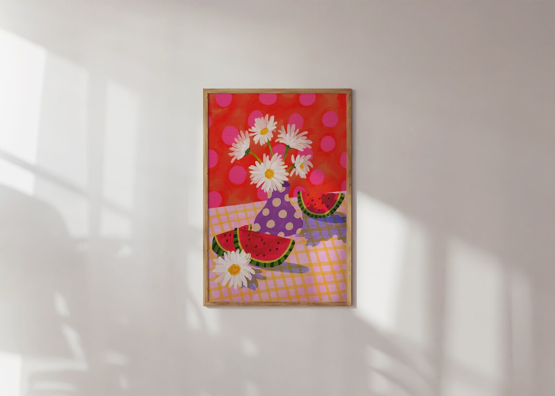 Daisy Flower Art Print, Red Gouache Style