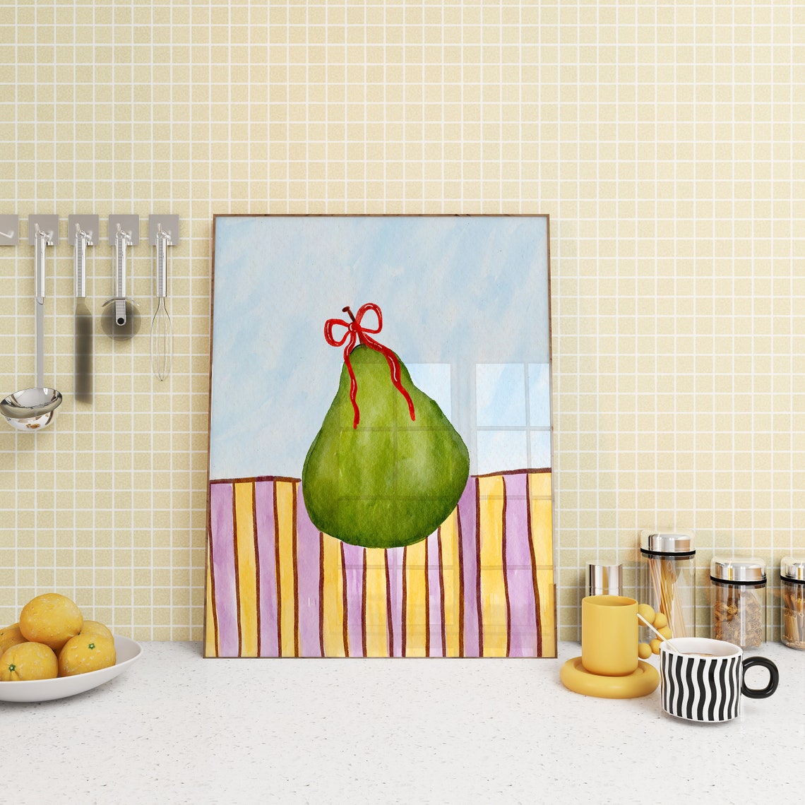 Watercolor Green Pear Red Ribbon Poster Coquette Kitchen Decor