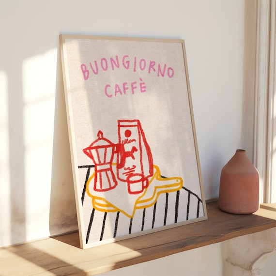 Buongiorno Caffe Italian Moka Pot Colorful Crayon Kitchen Poster