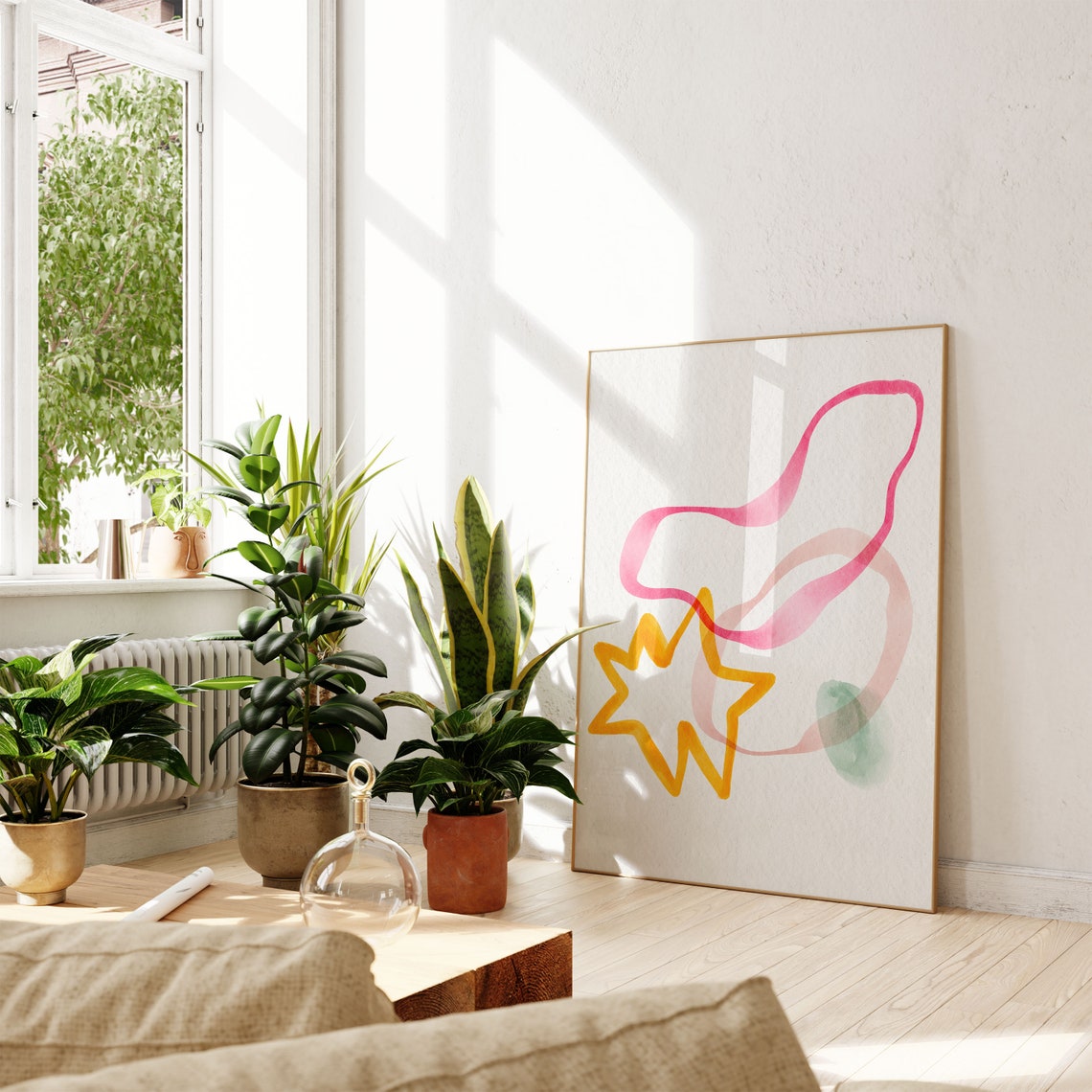 Abstract Pink Ribbon Yellow Star Watercolor Minimal Line Art Poster