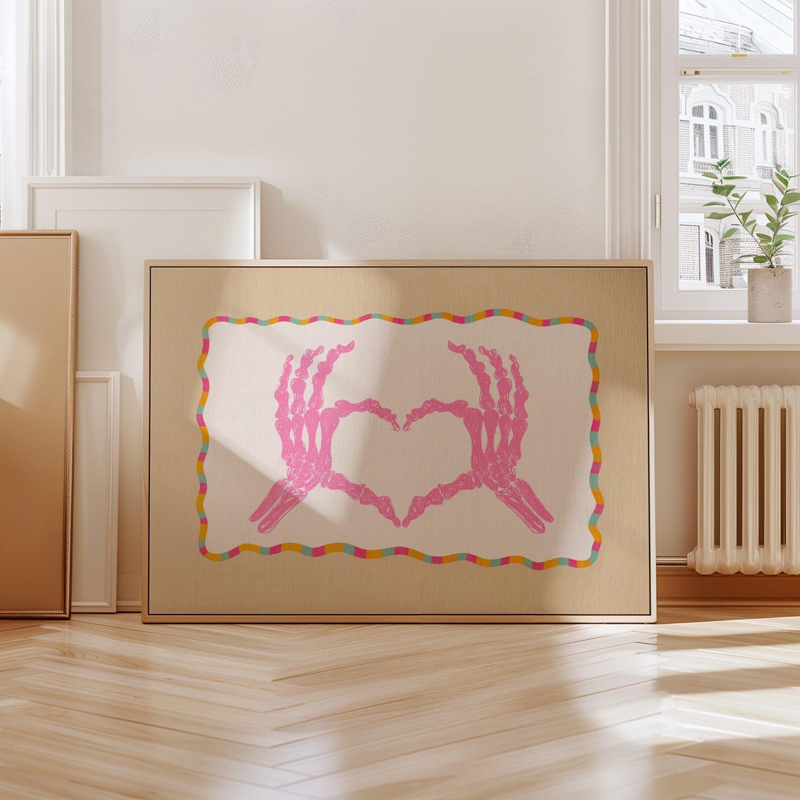 Pink Skeleton Hands Heart Love Halloween Colorful Border Wall Art