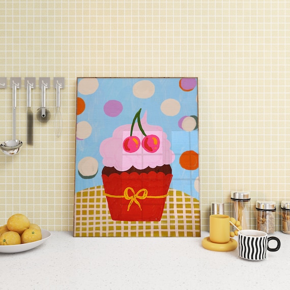 Colorful Cherry Cupcake Muffin Kitchen Art Playful Bakery Poster