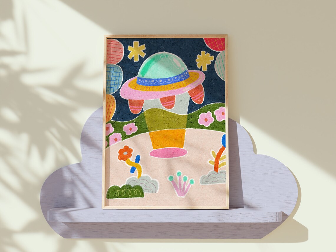 Spaceship Colorful Nursery Kids Room Art Print