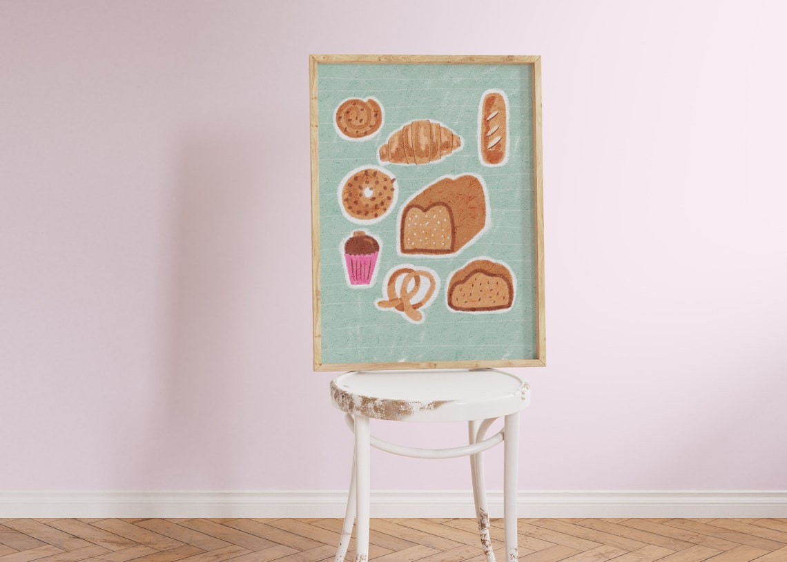 Cute Bread Pastry Illustration Mint Green Kitchen Cafe Wall Art