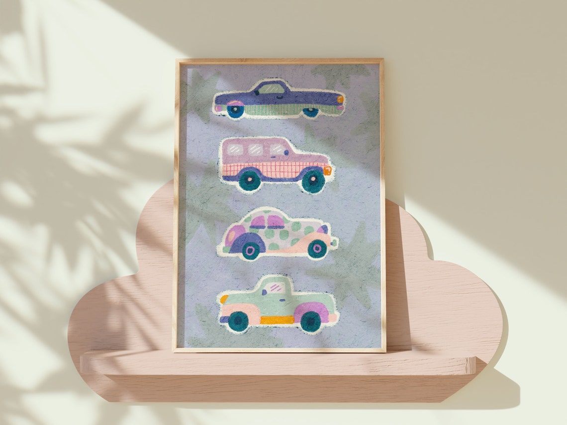 Retro Cars Nursery Art Pastel Transportation Print