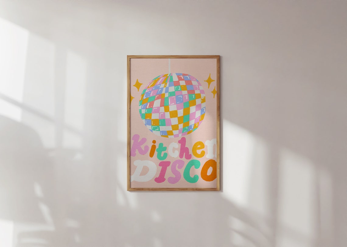 Kitchen Disco Colorful Rainbow Disco Ball Retro Party Poster