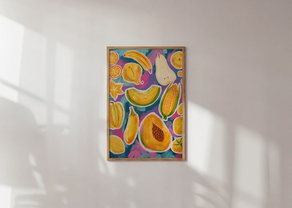 Yellow Fruits Vegetables Illustration Kitchen Still Life Art