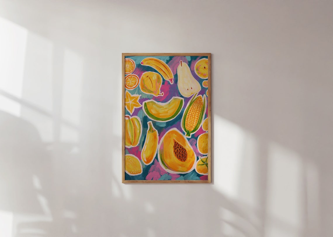Yellow Fruits Vegetables Illustration Kitchen Still Life Art