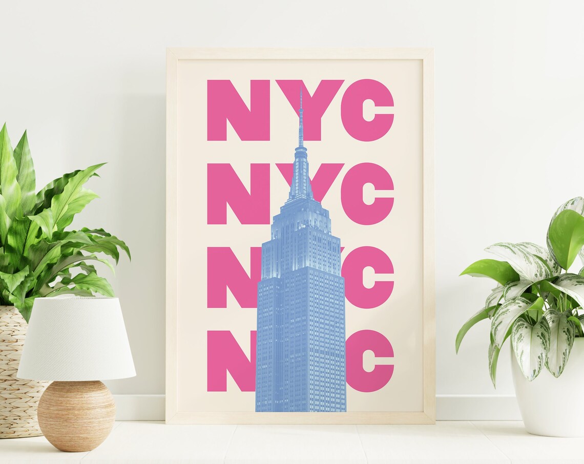 NYC Empire State Building Big Pink Letters City Travel Poster