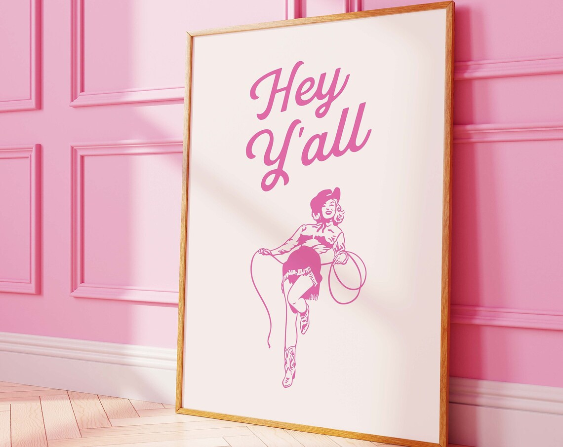 Hey Yall Pink Pinup Cowgirl Lasso Retro Western Script Art Poster