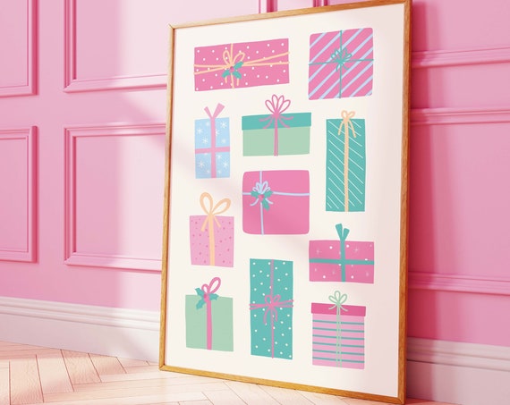 Pastels Christmas Presents Print Art Cute Colorful Christmas Decor Boho Holiday Wall Art Trendy Christmas Art Print