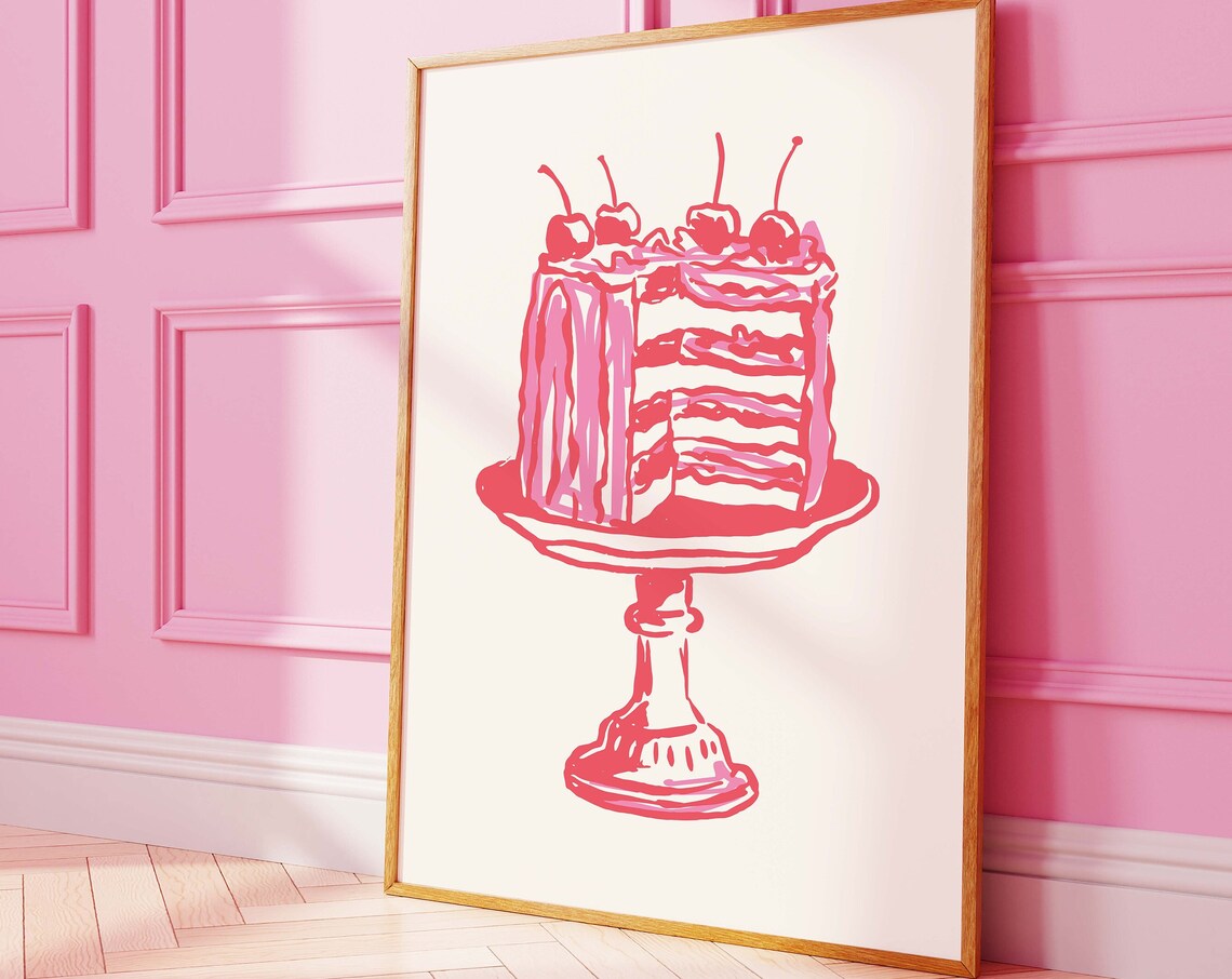 Pink Cherry Layer Cake Line Art Retro Bakery Illustration Wall Print