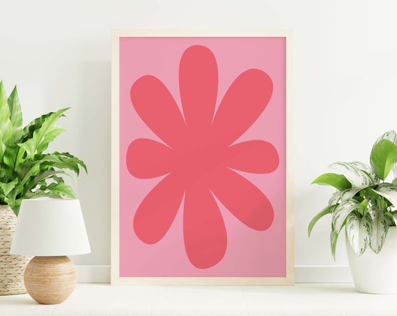 Pink Floral Abstract Print Art Hot Pink Retro Art Cute Trendy Wall Art Minimal Flower Art Print